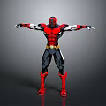 Superhero Character In Red Black Costume With Muscular Build And Extended Arms