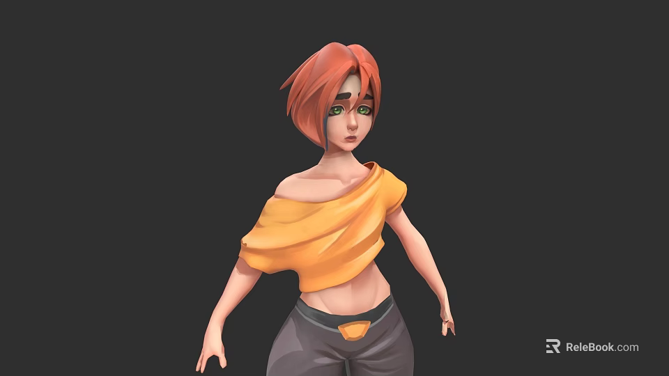 Woman with red hair wearing yellow off shoulder top and gray pants against dark background 3d model 