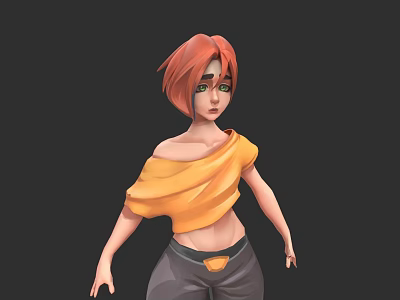 Woman with red hair wearing yellow off shoulder top and gray pants against dark background 3d model