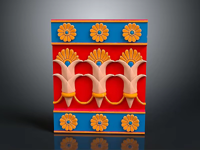 Ornamental Decorative Panel With Blue Background Red Sections And Yellow Floral Motifs 3d model