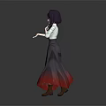 3D Rendered Woman With Black Long Hair White Top And Gradient Red Skirt Gray Background