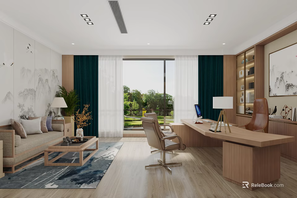 Modern Office Interior Design With Sofa Coffee Table Desk And Large Window View 3d model
