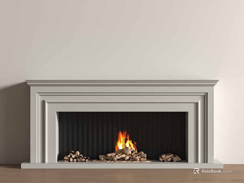 White Framed Fireplace With Burning Fire And Wood Logs Against Light Wall On Wooden Floor 3d model 