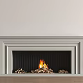 White Framed Fireplace With Burning Fire And Wood Logs Against Light Wall On Wooden Floor