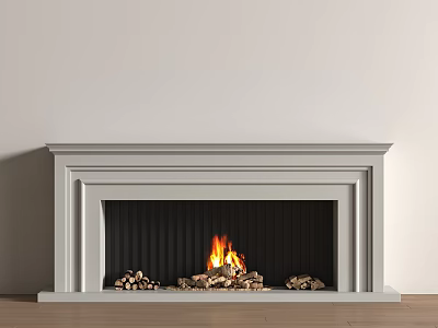 White Framed Fireplace With Burning Fire And Wood Logs Against Light Wall On Wooden Floor 3d model