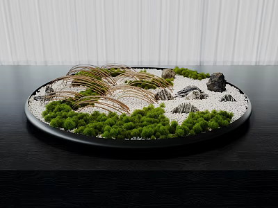 Mini Bonsai Landscape in Circular Tray Featuring Green Moss Stones Curved Metal Wires White Gravel 3d model