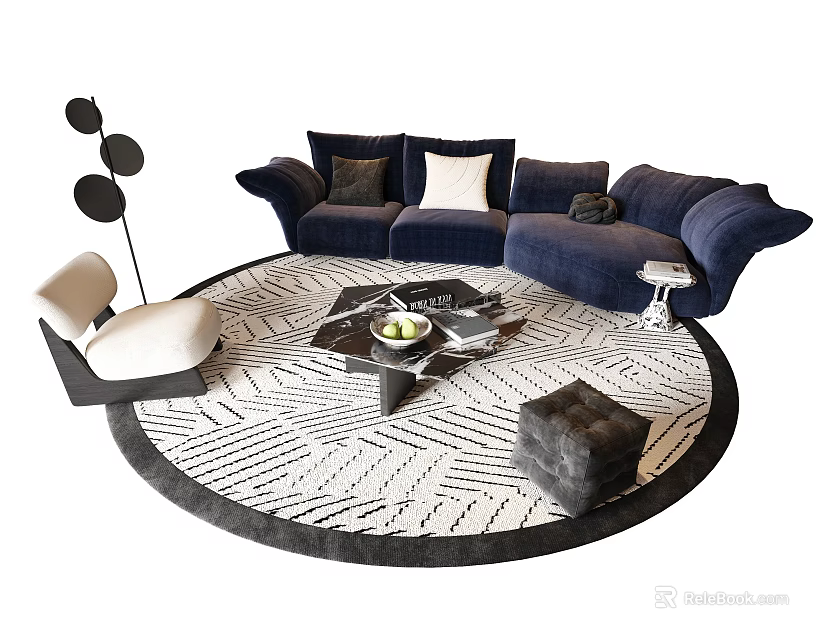 Navy Blue Corner Sofa with Pillows and Black Coffee Table Set on Round Striped Rug 3d model 