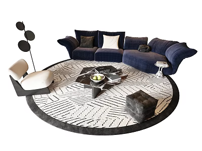 Navy Blue Corner Sofa with Pillows and Black Coffee Table Set on Round Striped Rug 3d model