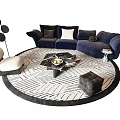 Navy Blue Corner Sofa with Pillows and Black Coffee Table Set on Round Striped Rug