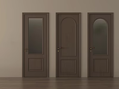 Dark Brown Wooden Hinged Doors With Glass Panels And Light Wall Background 3d model