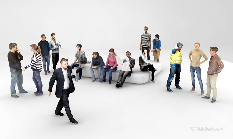 Diverse Group of People Standing and Sitting in Open Space with Different Poses 3d model 