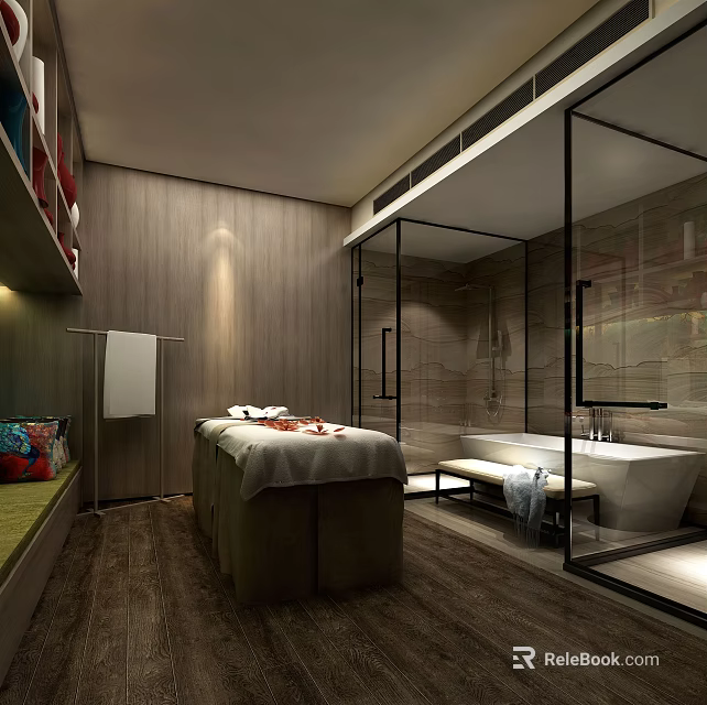 Luxurious SPA Sauna Room with Massage Table Wooden Walls and Glass Partition Bathtub 3d model 