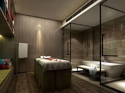 Luxurious SPA Sauna Room with Massage Table Wooden Walls and Glass Partition Bathtub 3d model