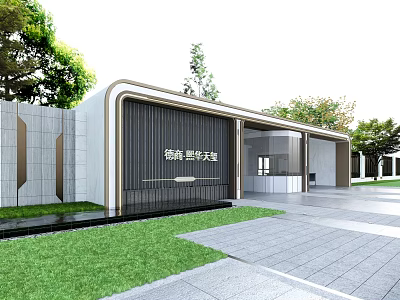 Modern Entrance Gate Design With Metal Grille Stone Wall And Courtyard Greenery 3d model