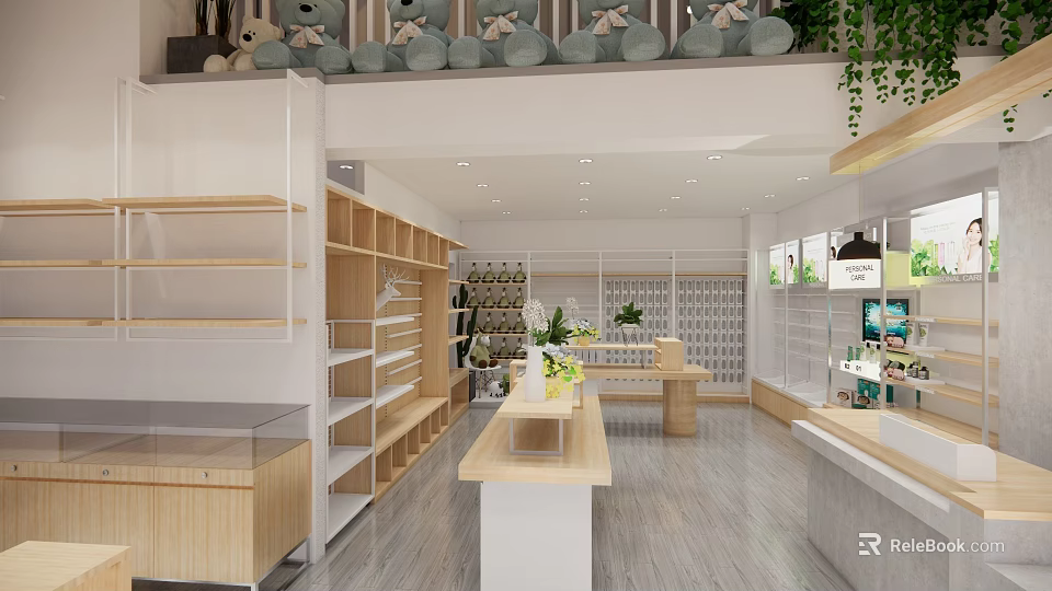 Modern Shopping Mall Retail Store Interior With Wooden Shelves Display Counters And Green Plants 3d model 