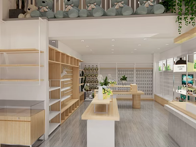 Modern Shopping Mall Retail Store Interior With Wooden Shelves Display Counters And Green Plants 3d model