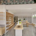 Modern Shopping Mall Retail Store Interior With Wooden Shelves Display Counters And Green Plants
