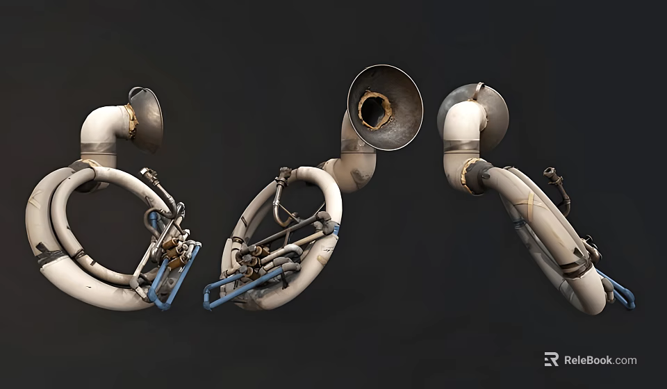 Vintage Brass Musical Instruments With Curved Tubes And Horn Bells For Art Supplies 3d model 