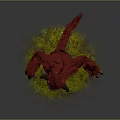 Game Movie Character Red Furry Monster With Horns And Tusks Standing On Green Grass