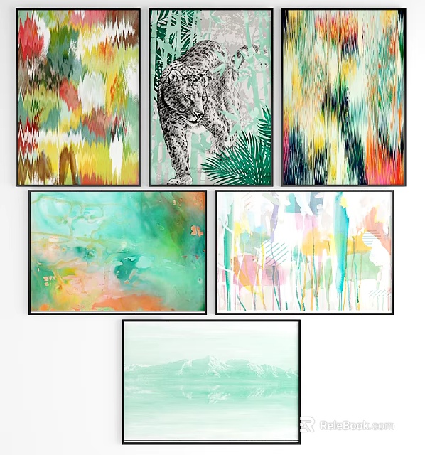Colorful Abstract Oil Paintings With Leopard Leaves Turquoise And Mountain Wall Art 3d model 