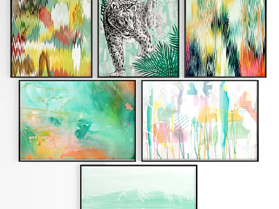 Colorful Abstract Oil Paintings With Leopard Leaves Turquoise And Mountain Wall Art 3d model