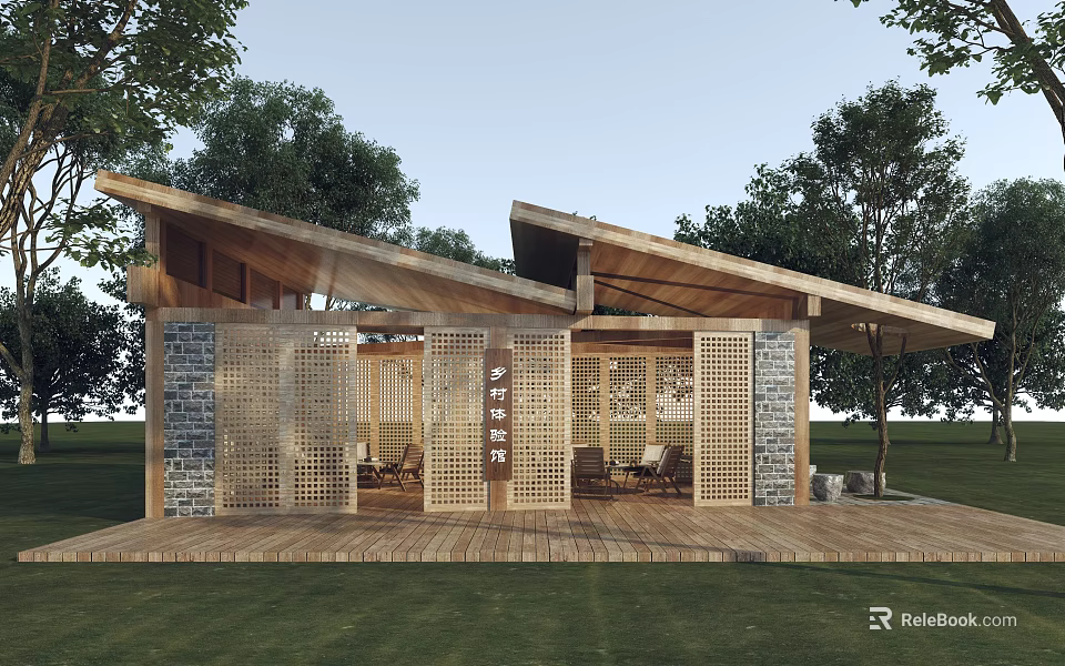 Rustic Wooden Pavilion with Sloped Roof Stone Walls Latticed Screens and Green Lawn 3d model 