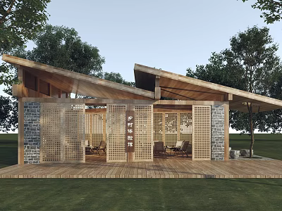 Rustic Wooden Pavilion with Sloped Roof Stone Walls Latticed Screens and Green Lawn 3d model
