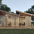 Rustic Wooden Pavilion with Sloped Roof Stone Walls Latticed Screens and Green Lawn