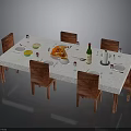 Dining Table Setup With Roasted Chicken Green Bottle Cutlery And Wooden Chairs