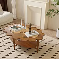 Wooden Coffee Table in Living Room Interior with Books Decorative Items White Sofa and Fireplace