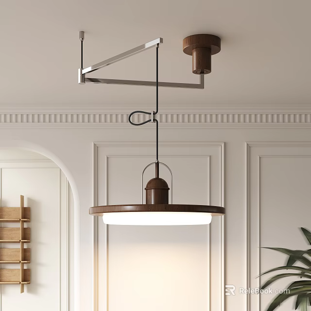 Modern Pendant Light With Wooden Metal Design In Interior Room With White Wall Decorative Molding 3d model 