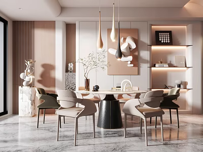 Elegant Modern Restaurant Interior Design With Dining Table Chairs Pendant Lights And Decorative Art 3d model