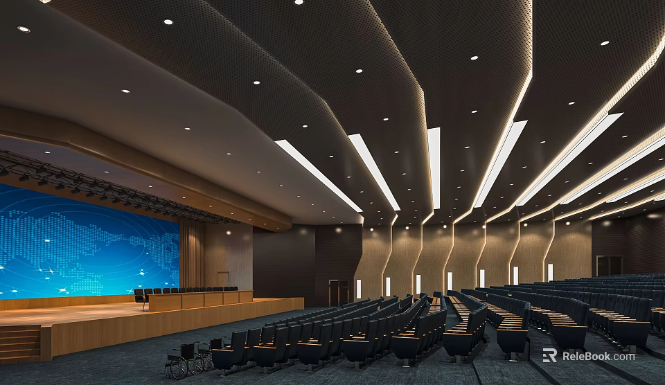 Modern Conference Room Interior With Large Blue Screen Lectern And Ceiling Lighting 3d model
