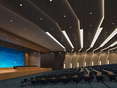 Modern Conference Room Interior With Large Blue Screen Lectern And Ceiling Lighting 3d model
