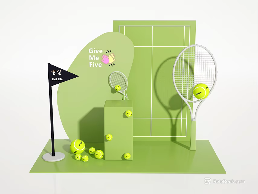 Green Themed Photo Spot With Tennis Rackets Balls Give Me Five Sign And Black Flag 3d model 