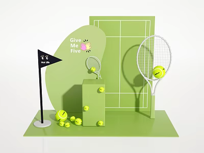 Green Themed Photo Spot With Tennis Rackets Balls Give Me Five Sign And Black Flag 3d model