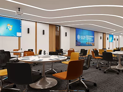 Modern Conference Room With Round Tables Colorful Chairs Large Screens And Microsoft Logo 3d model
