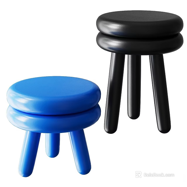 Blue and Black Modern Stools with Round Seats and Three Legs Design 3d model 
