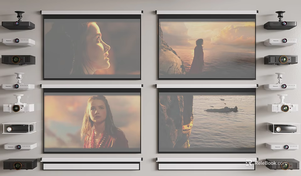 Projection Monitoring System with Multiple Screens Displaying Various Coastal Views and Human Figures 3d model 