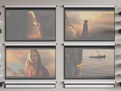 Projection Monitoring System with Multiple Screens Displaying Various Coastal Views and Human Figures 3d model