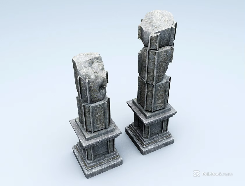 Weathered Stone Columns With Broken Tops And Detailed Base Structures On Light Background 3d model 