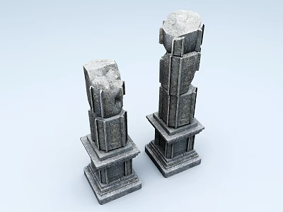 Weathered Stone Columns With Broken Tops And Detailed Base Structures On Light Background 3d model