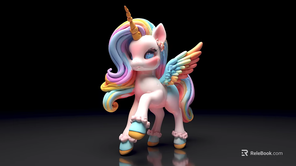 Cute Unicorn Pony Toy With Rainbow Mane Tail Wings And Blue Shoes 3d model 