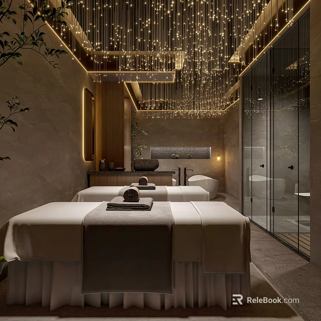 Modern SPA Sauna Interior With Massage Tables Soft Towels Stone Walls And Glass Partition 3d model 