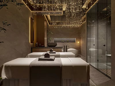 Modern SPA Sauna Interior With Massage Tables Soft Towels Stone Walls And Glass Partition 3d model