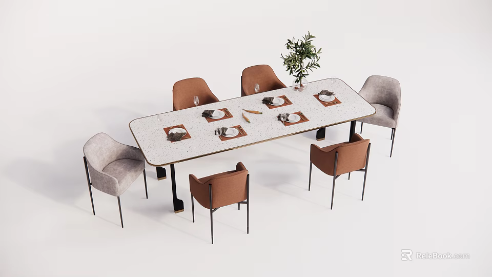 Modern Rectangular Dining Table Set With Brown Gray Chairs And Marble Top 3d model