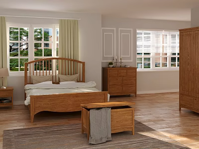 Wooden Bedroom Interior With Bed Bedside Table Wardrobe Dresser Windows And Wooden Floor 3d model