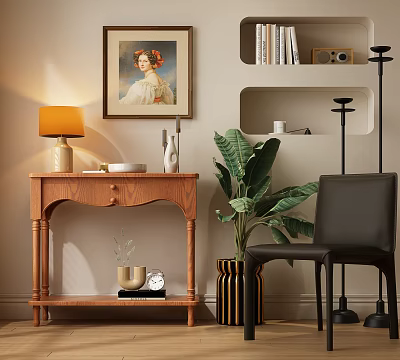 Entryway Console Table With Lamp Artwork And Decorative Items Near Green Plant And Black Chair 3d model