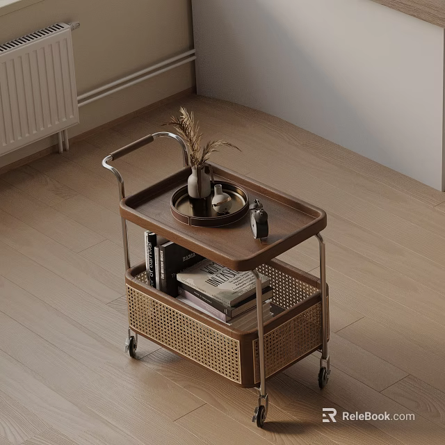 Wooden Rattan Bedside Table With Wheels Tray And Shelf Holding Dried Plant Books Magazines 3d model 