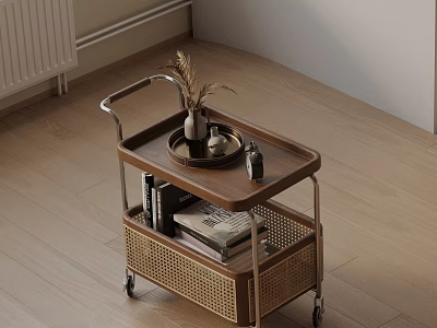 Wooden Rattan Bedside Table With Wheels Tray And Shelf Holding Dried Plant Books Magazines 3d model